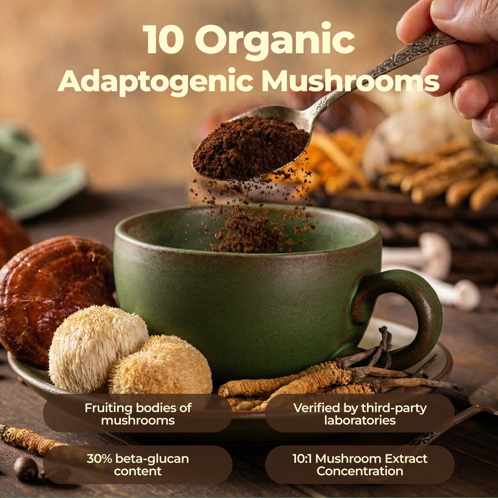 Mushroom Coffee with 10 Adaptogenic Mushroom(Lion's Mane, Cordyceps, Turkey Tail & Other) Mixed, Ashwagandha Probiotic Instant Coffee for Better Energy, Gut Health & Immune Support 7.41oz