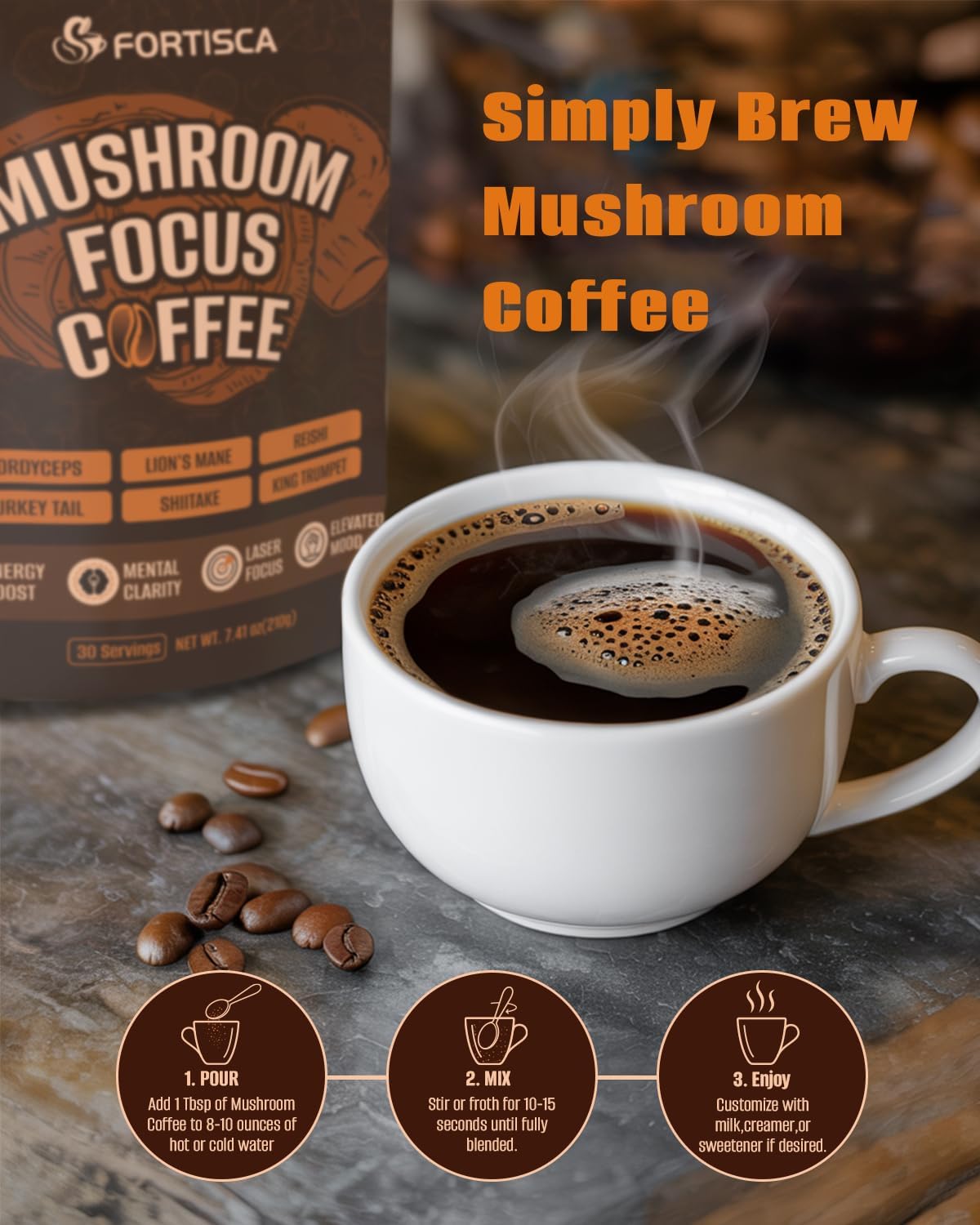 Mushroom Coffee, Instant Mushroom Coffee with Cordyceps, Reish, King Trumpet, Shitake, Turkey Tail, Lions Mane for Energy, Focus, Mood & Immune Support 210g
