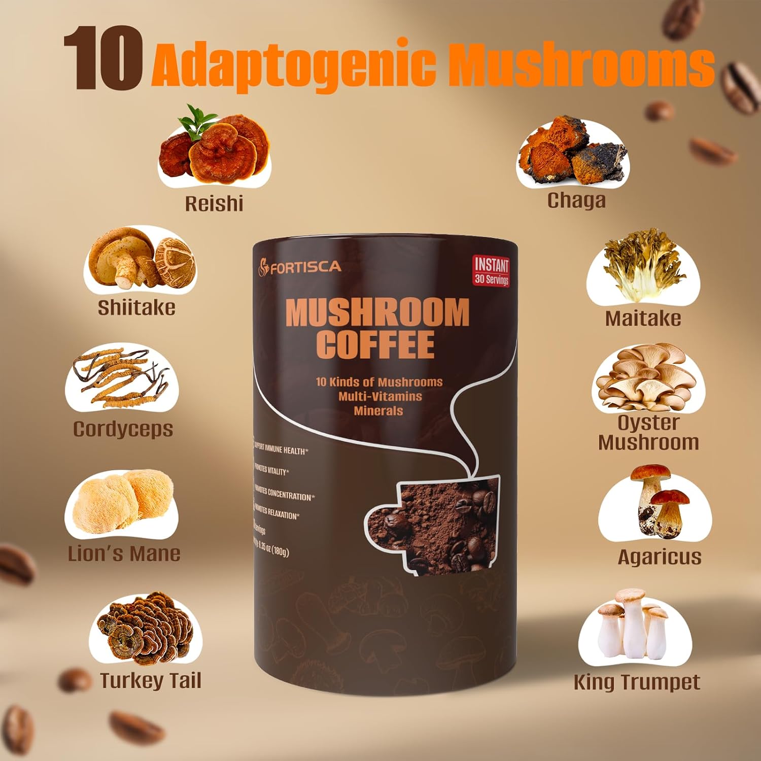 10 in 1 Mushrooms Coffee(Lion's Mane, Cordyceps, Turkey Tail & Other) Ashwagandha Magnesium Multivitamins, 2000mg Mushroom Instant Coffee