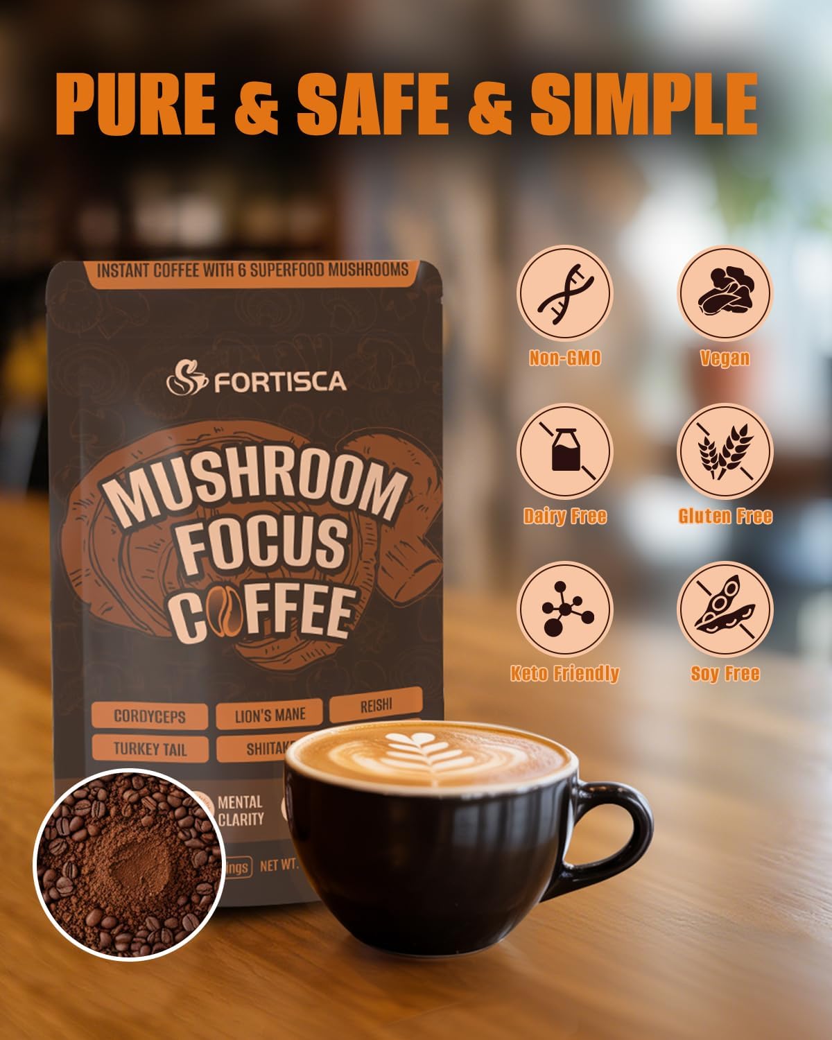 Mushroom Coffee, Instant Mushroom Coffee with Cordyceps, Reish, King Trumpet, Shitake, Turkey Tail, Lions Mane for Energy, Focus, Mood & Immune Support 210g