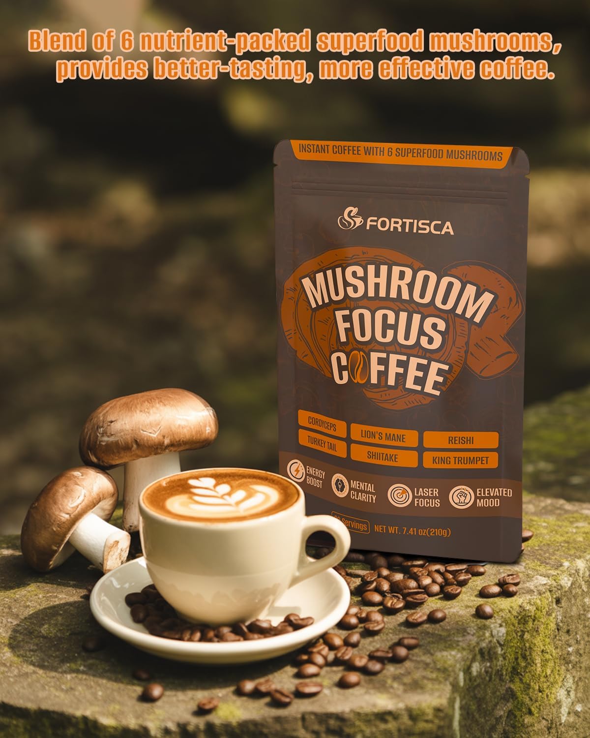 Mushroom Coffee, Instant Mushroom Coffee with Cordyceps, Reish, King Trumpet, Shitake, Turkey Tail, Lions Mane for Energy, Focus, Mood & Immune Support 210g
