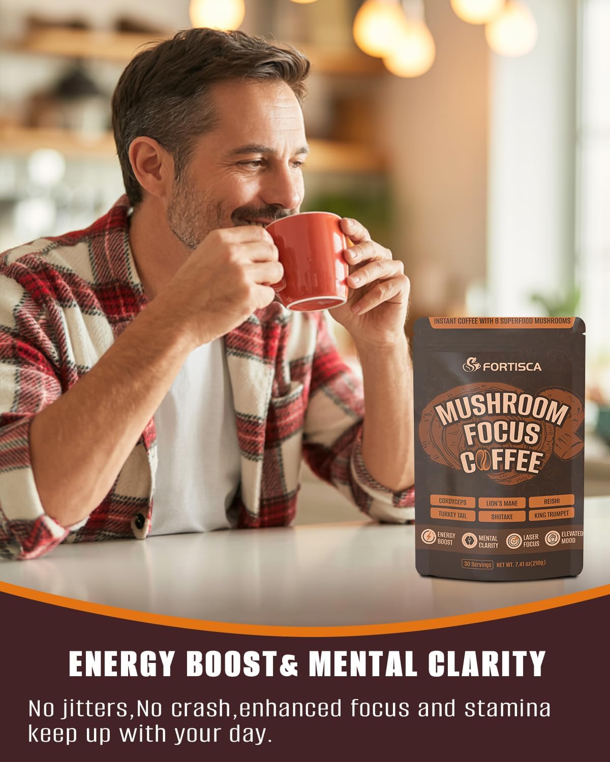 Mushroom Coffee, Instant Mushroom Coffee with Cordyceps, Reish, King Trumpet, Shitake, Turkey Tail, Lions Mane for Energy, Focus, Mood & Immune Support 210g