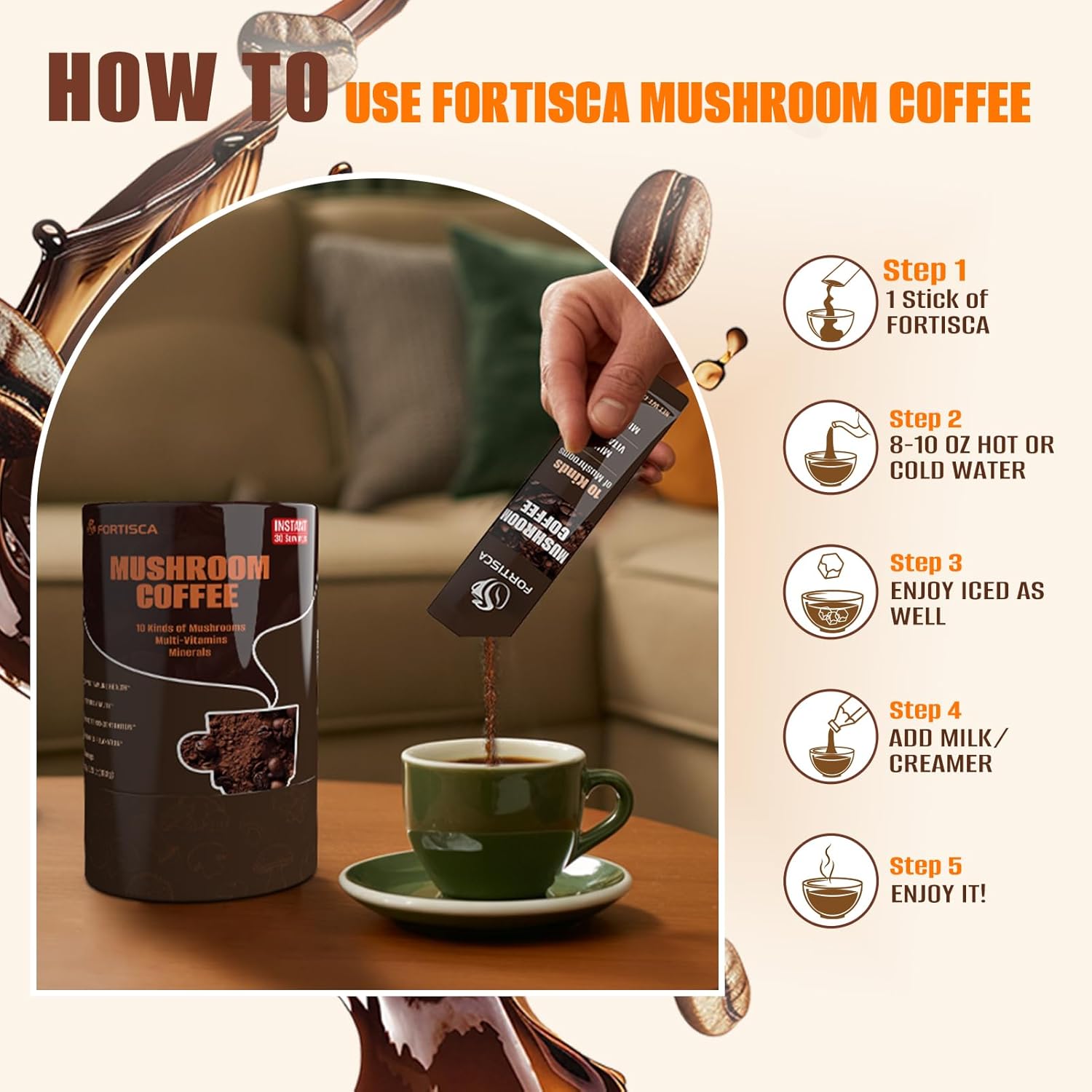 10 in 1 Mushrooms Coffee(Lion's Mane, Cordyceps, Turkey Tail & Other) Ashwagandha Magnesium Multivitamins, 2000mg Mushroom Instant Coffee