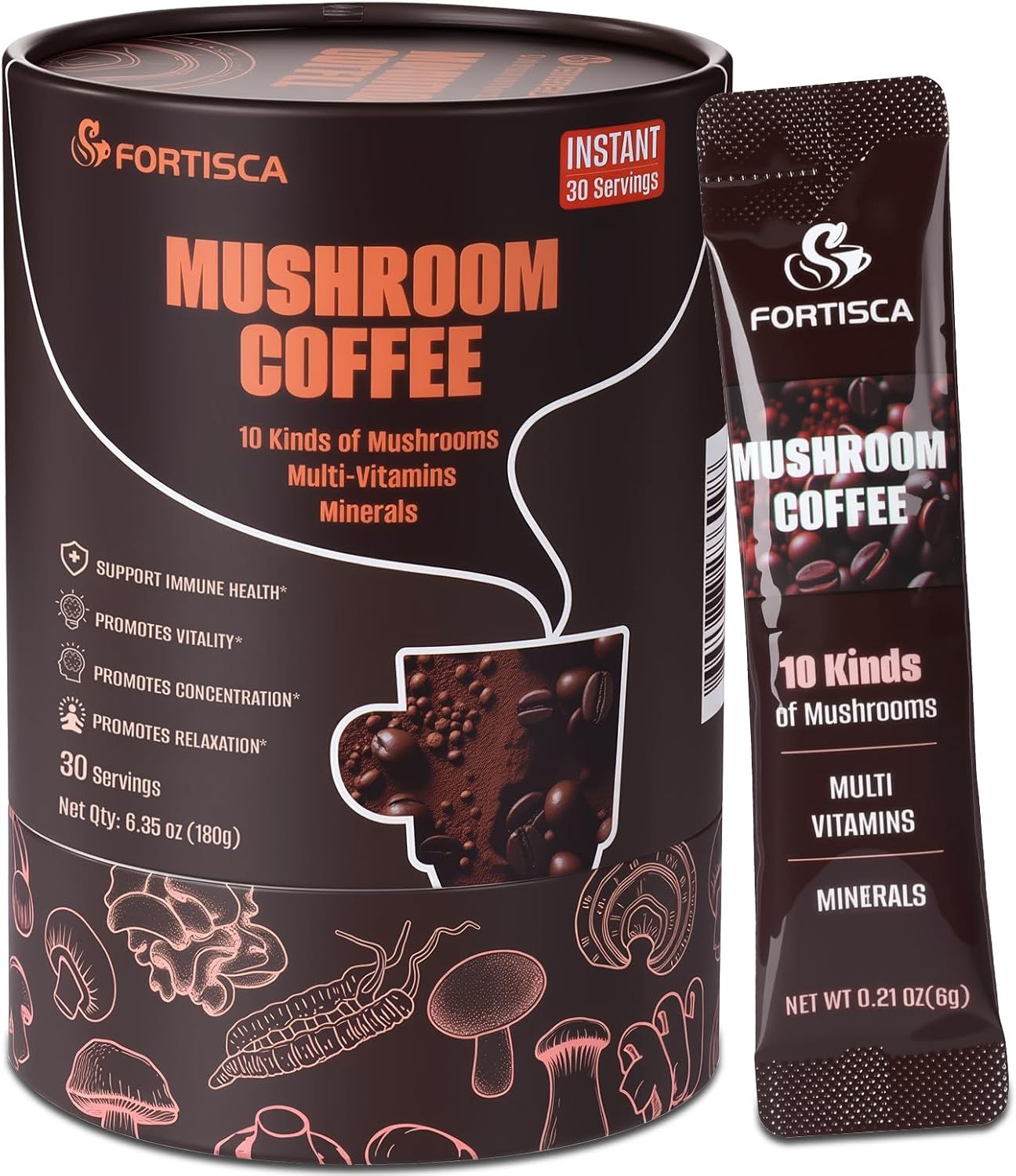 10 in 1 Mushrooms Coffee(Lion's Mane, Cordyceps, Turkey Tail & Other) Ashwagandha Magnesium Multivitamins, 2000mg Mushroom Instant Coffee