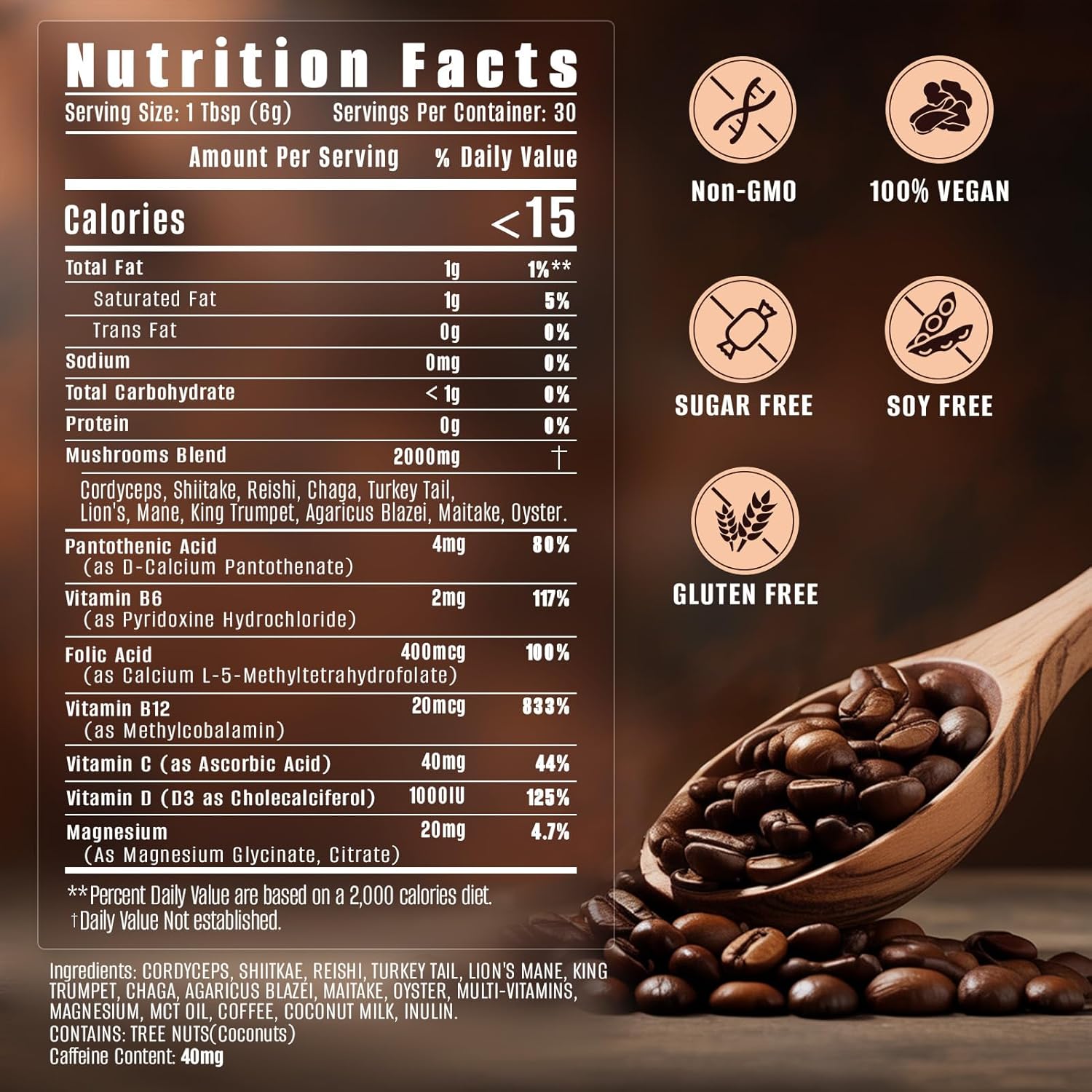 10 in 1 Mushrooms Coffee(Lion's Mane, Cordyceps, Turkey Tail & Other) Ashwagandha Magnesium Multivitamins, 2000mg Mushroom Instant Coffee