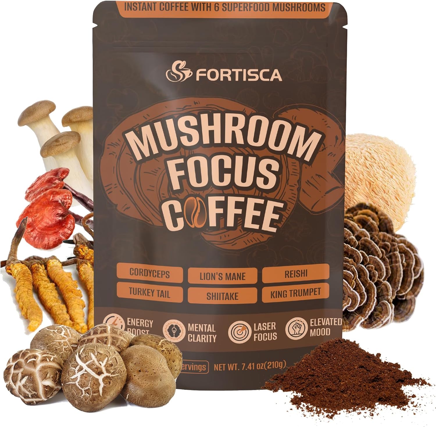 Mushroom Coffee, Instant Mushroom Coffee with Cordyceps, Reish, King Trumpet, Shitake, Turkey Tail, Lions Mane for Energy, Focus, Mood & Immune Support 210g